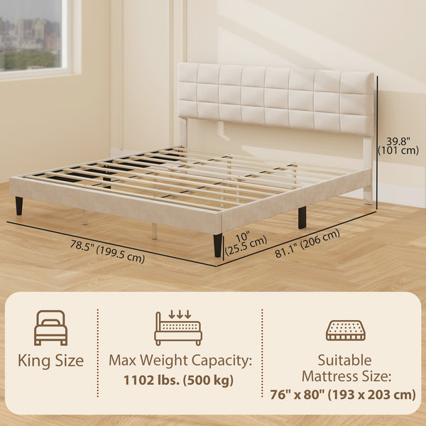Cadre de lit king size avec tête de lit rembourrée avec lattes en bois, capacité de charge de 500 kg, couleur crème