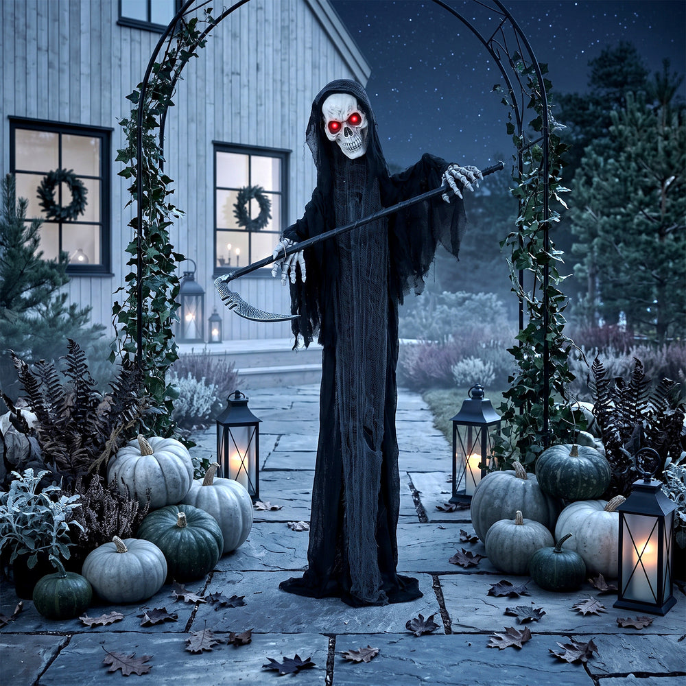 Faucheur animé d’Halloween de 6 pi avec faux, yeux DEL rouges, sons et mouvements – Noir