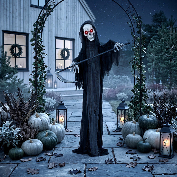 Faucheur animé d’Halloween de 6 pi avec faux, yeux DEL rouges, sons et mouvements – Noir