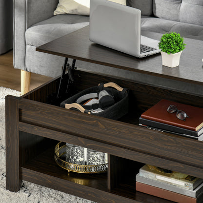 Table basse relevable avec compartiment de rangement dissimulé et étagères ouvertes, noyer foncé
