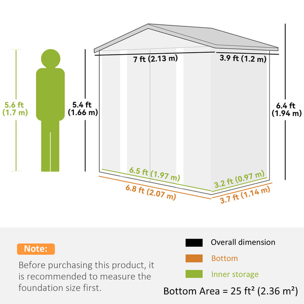 Abri de jardin extérieur 7' x 4' en métal avec portes verrouillables, gris foncé
