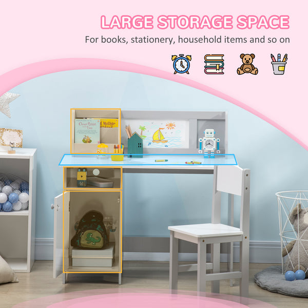 Kids Desk and Chair Set with Whiteboard, Storage and Shelves, Grey