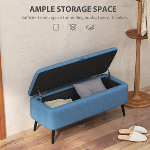 Pouf avec rangement rembourré en lin avec pieds en acier, bleu foncé