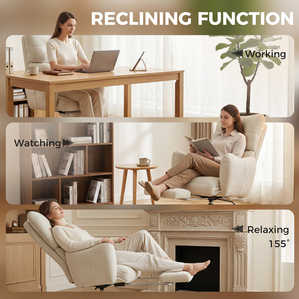 Office Chair with Foot Rest, Ergonomic Reclining Computer Gaming Chair with Snow Flannel Fabric, Thick Cushion, Cream