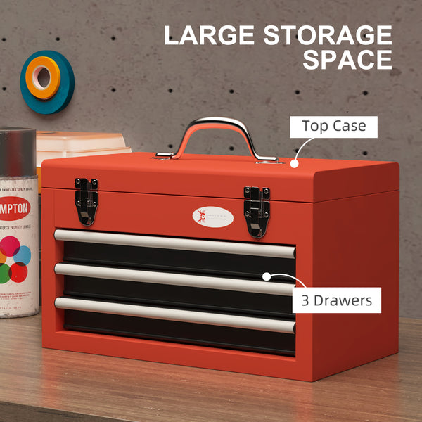 Coffre à outils à 3 tiroirs avec fermeture à loquet métallique, rouge