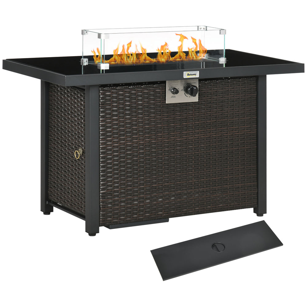 Propane Fire Pit Table 43" Outdoor Fire Table, 50,000 BTU Pulse-Ignition Wicker Firepit Furniture with Glass Wind Guard, Blue Glass Rock, CSA Certification, Coffee