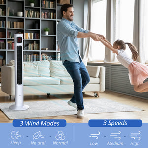 Ventilateur tour autonome 3 vitesses, minuterie 12 h, panneau de capteur LED, télécommande, blanc