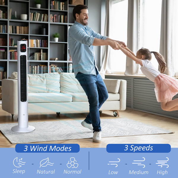 Ventilateur tour autonome 3 vitesses, minuterie 12 h, panneau de capteur LED, télécommande, blanc