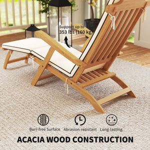 Chaise longue pliante avec coussin rembourré, inclinable en bois d'acacia avec repose-pieds pour jardin, blanc