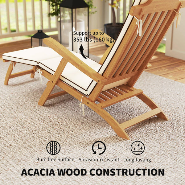 Chaise longue pliante avec coussin rembourré, inclinable en bois d'acacia avec repose-pieds pour jardin, blanc
