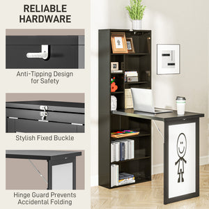 Bureau convertible pliable avec tableau blanc et étagère latérale, noir