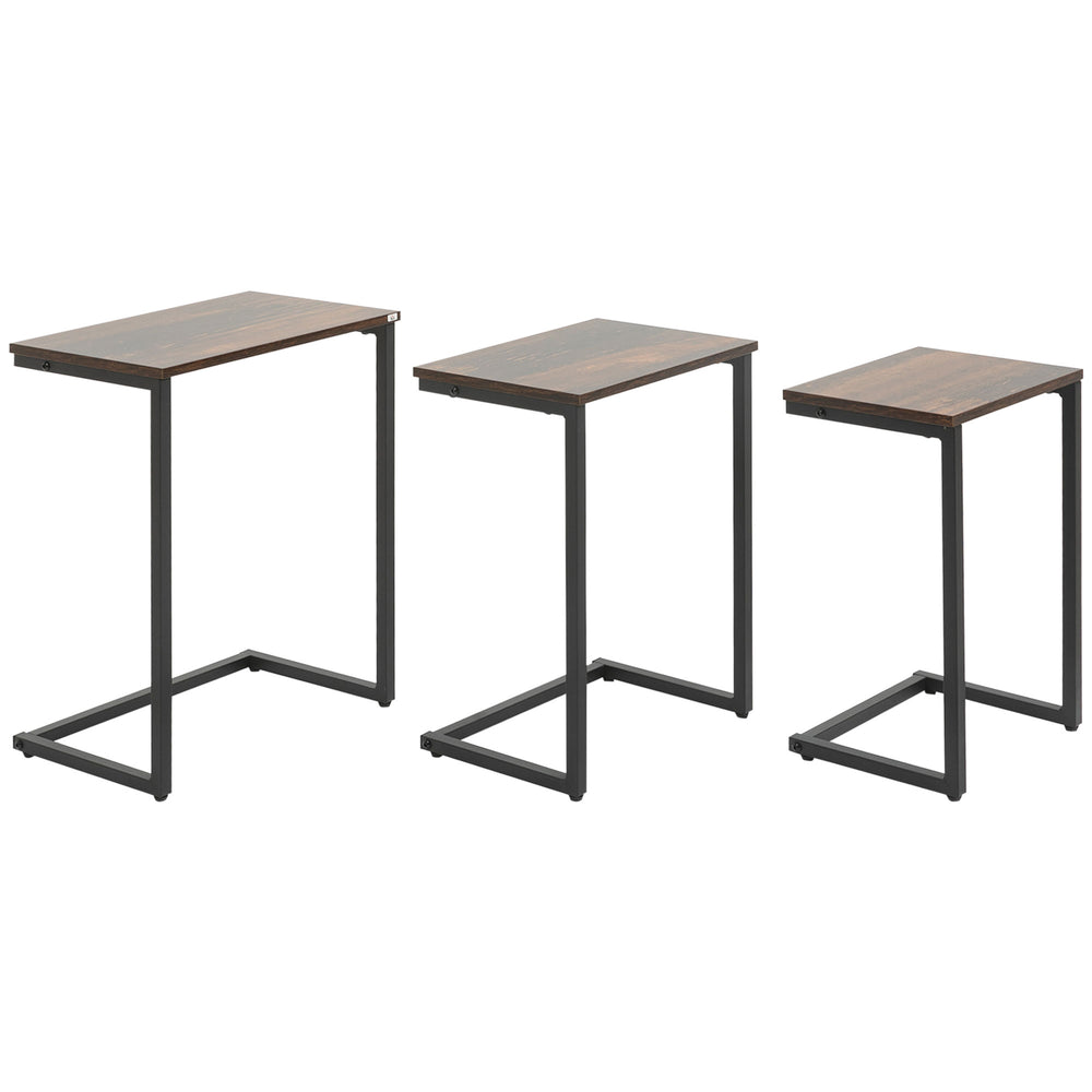 Lot de 3 tables d'appoint gigognes en forme de C avec cadre en acier, marron rustique