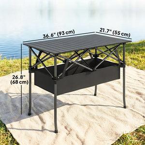Table de camping pliante avec filet de rangement, sac de transport et structure métallique, noire