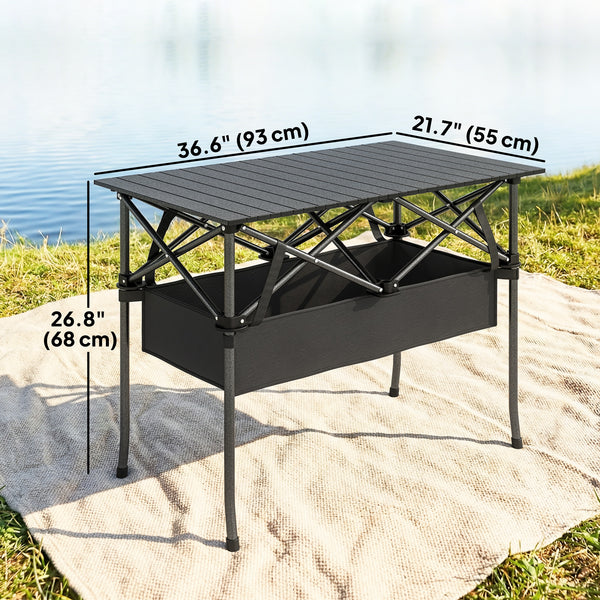Table de camping pliante avec filet de rangement, sac de transport et structure métallique, noire