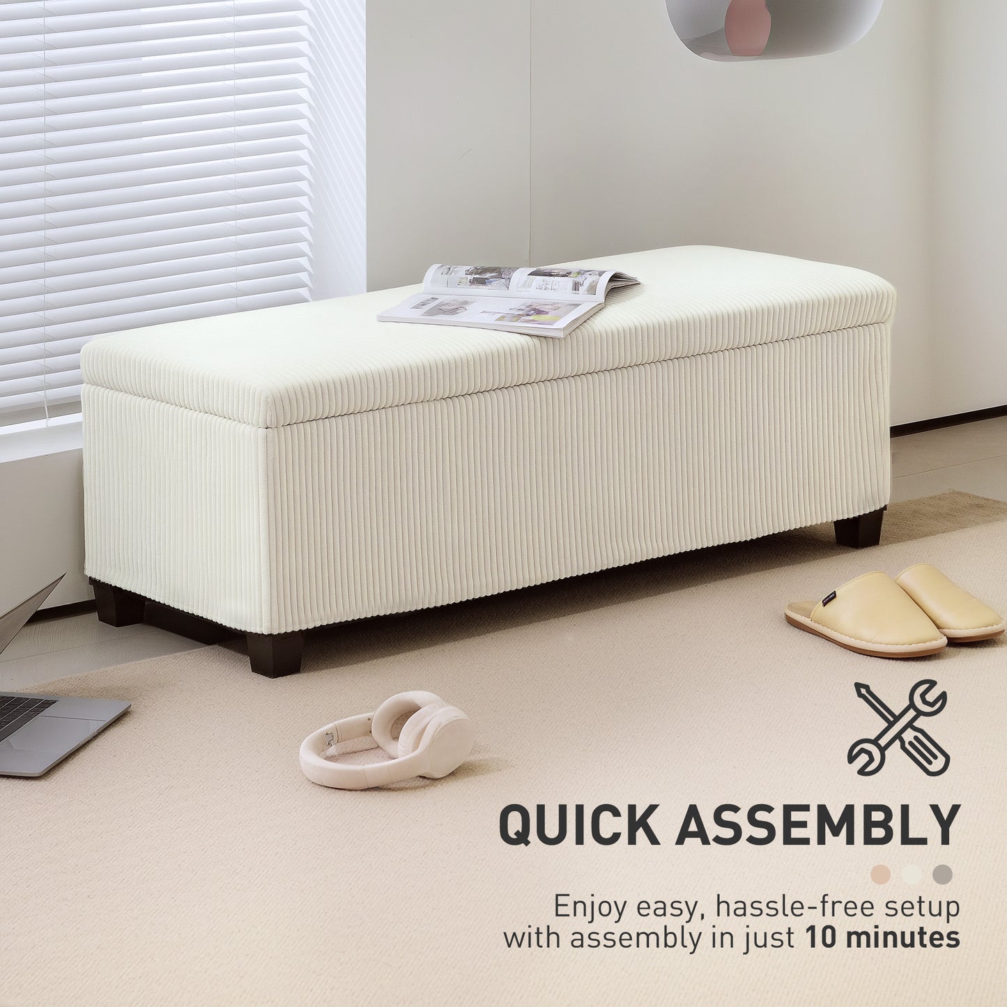 HOMCOM 44 Inch Pouf with Storage, Lid, Legs, Corduroy End of Bed Bench for Living Room, Bedroom, Entryway, Beige