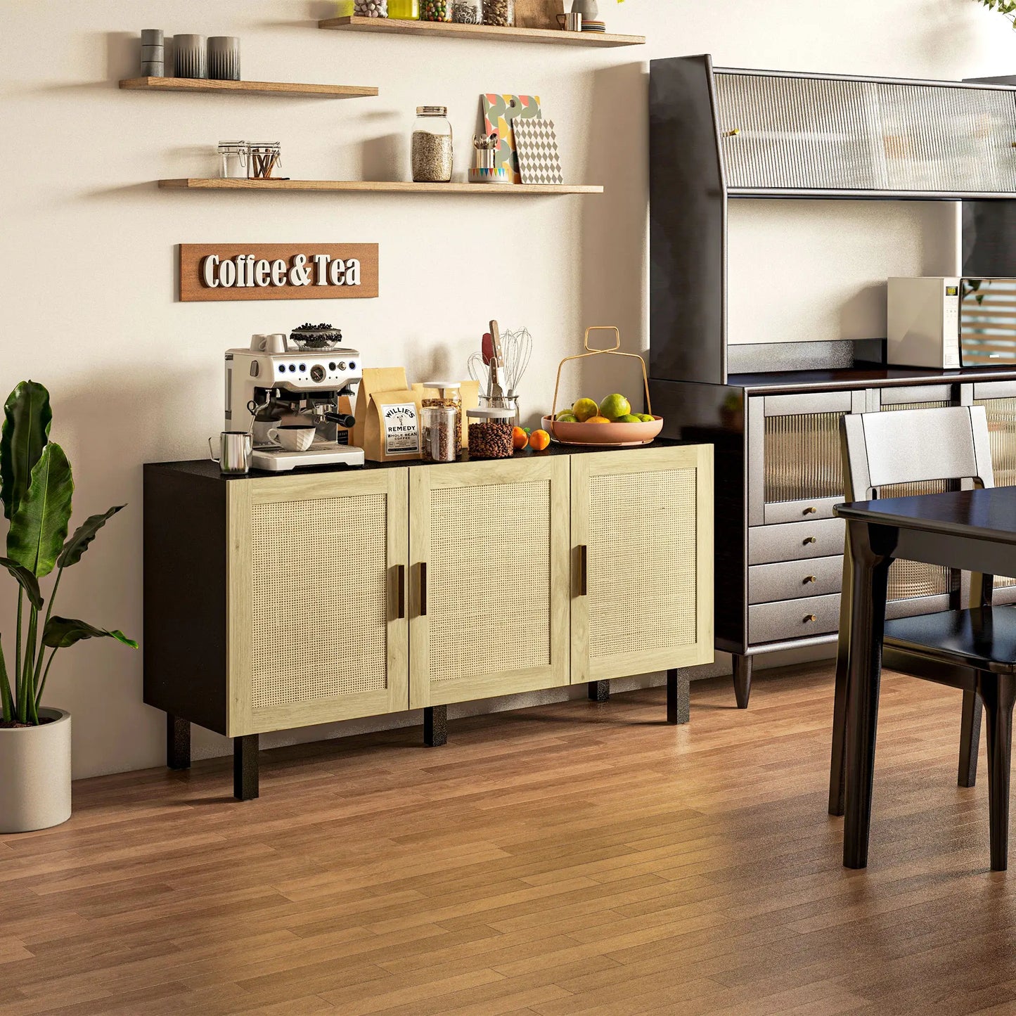 Boho Sideboard with 3 Rattan Doors, Kitchen Cabinet with Adjustable Shelves, Black and Natural 