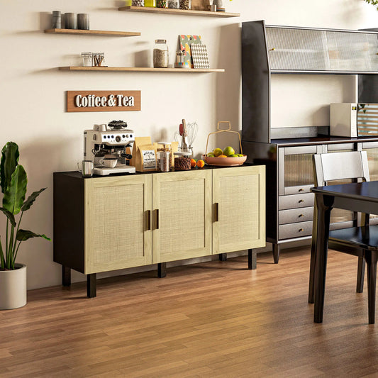 Boho Sideboard with 3 Rattan Doors, Kitchen Cabinet with Adjustable Shelves, Black and Natural 