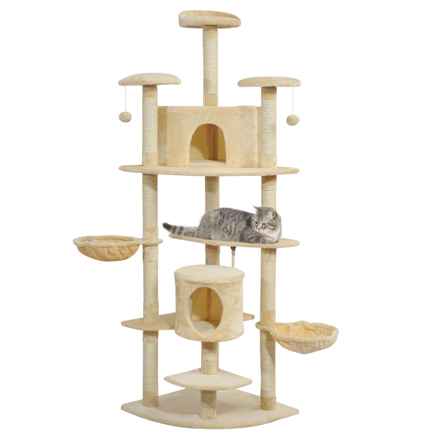 79" Cat Tree with Kitten Scratching Post, Activity Center and Toys Beige