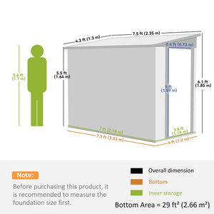 Abri de jardin adossé en métal avec porte verrouillable et aérations, gris clair