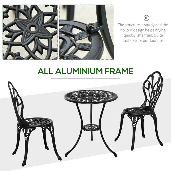 3PCs Patio Bistro Set, Outdoor Cast Aluminum Garden Table and Chairs with Umbrella Hole for Balcony, Black
