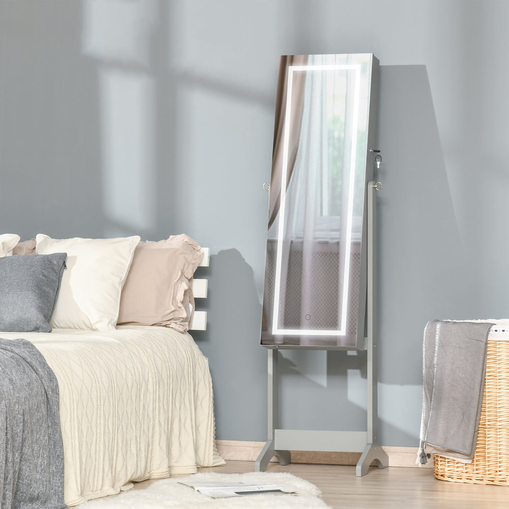 Armoire à bijoux verrouillable avec éclairage LED, miroir sur pied, gris