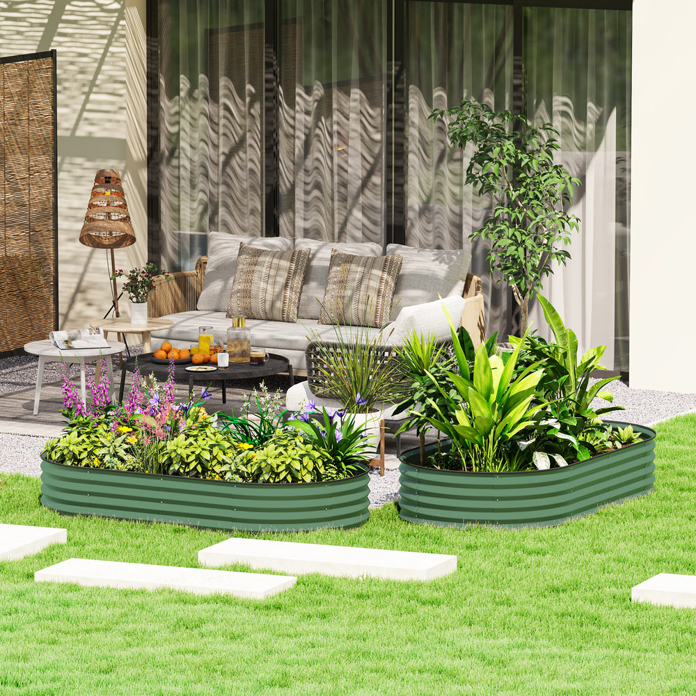 Raised outdoor planter in galvanized steel with metal support, light green