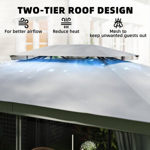 10' x 12.5' Outdoor Gazebo with Curtains and Netting, Double Roof Metal Patio Gazebo Canopy Shelter with Hook, Dark Grey