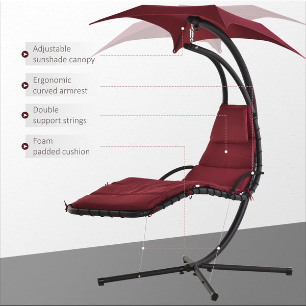 Outdoor Hammock Chair with Stand, Floating Chaise Lounge Chair with Soft Padded Cushion, Hanging Hammock Swing Reclining Seat with Canopy Umbrella, Wine Red