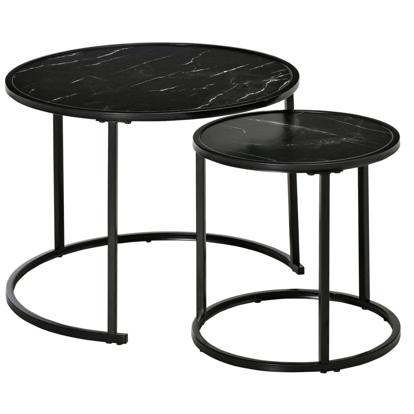Lot de 2 tables basses rondes modernes avec plateau en faux marbre et cadre en métal, noir