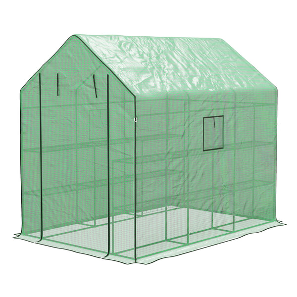Three-tier garden greenhouse with roll-up door and screened windows, green