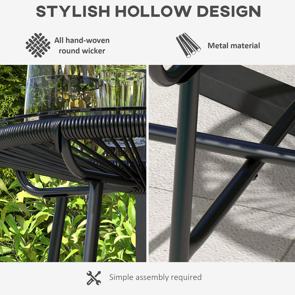 Rattan Side Table, Round Outdoor Table, with Round PE Rattan and Tempered Glass Table Top for Patio, Garden, Black