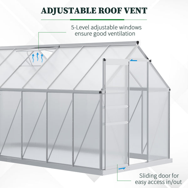Polycarbonate greenhouse with adjustable roof ventilation and sliding door, transparent
