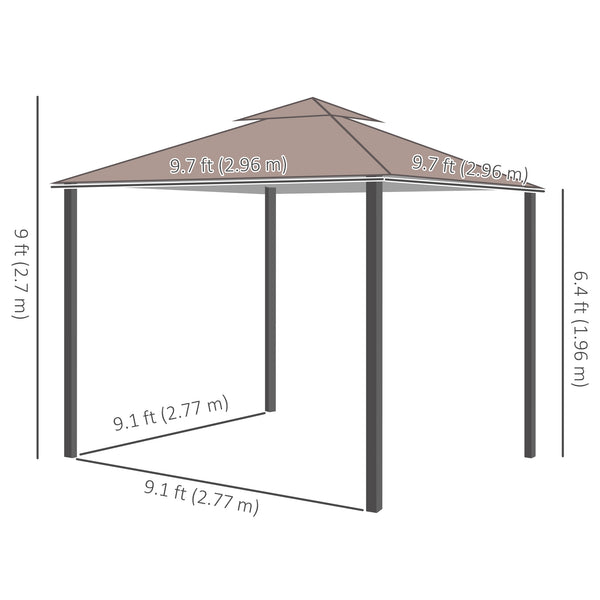 Gazebo d'extérieur 10' x 10' double toit souple avec rideaux et moustiquaires, marron