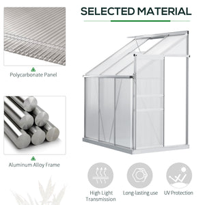 Lean-to greenhouse made of aluminum and polycarbonate with adjustable roof ventilation