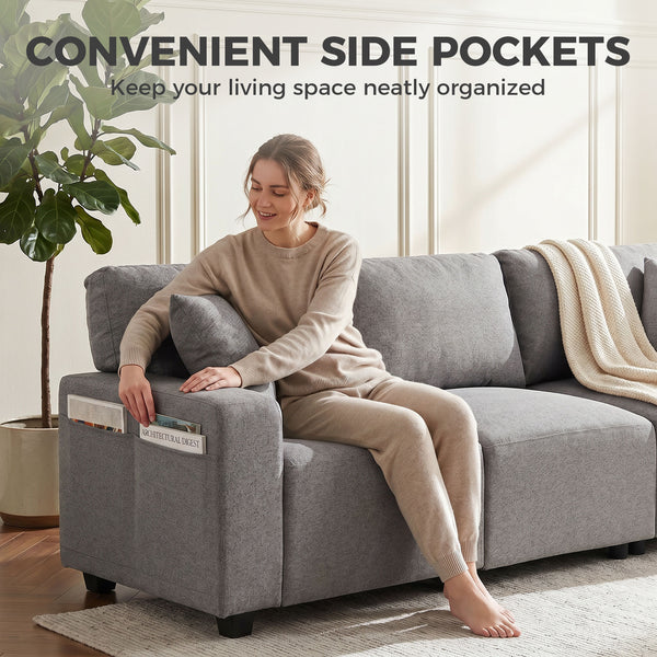 Canapé 3 places avec poches de rangement, moderne rembourré avec ressorts ensachés, gris