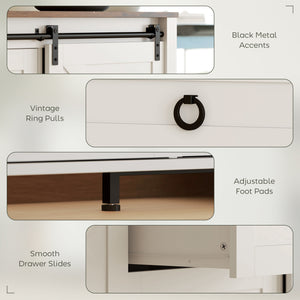 Buffet avec portes coulissantes de style grange, tiroirs et étagères réglables, blanc crème
