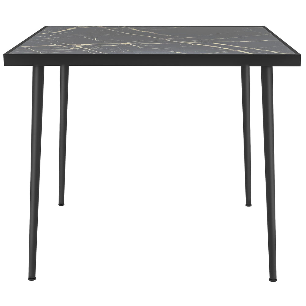 Table de salle à manger d'extérieur avec plateau en verre trempé effet marbre, noire