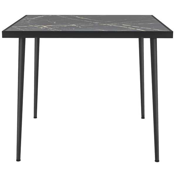 Table de salle à manger d'extérieur avec plateau en verre trempé effet marbre, noire