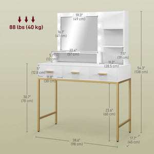 Coiffeuse lumineuse LED avec miroir, 3 tiroirs et étagères de rangement, blanc
