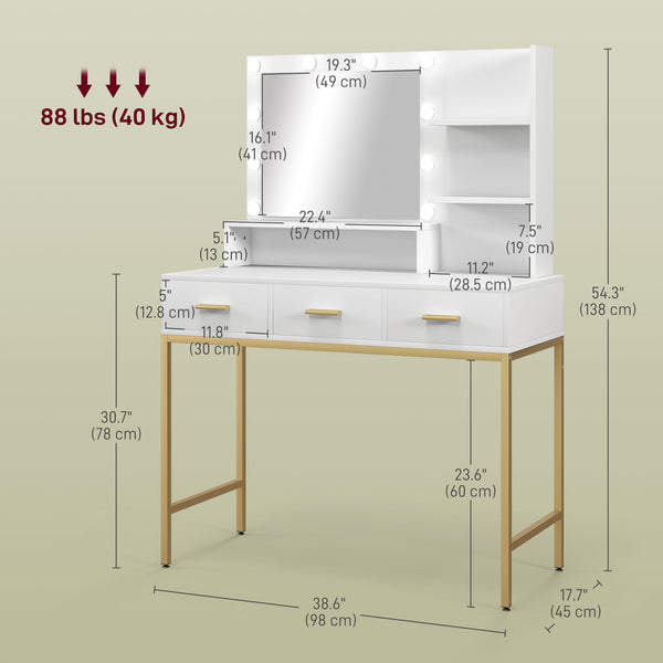 Coiffeuse lumineuse LED avec miroir, 3 tiroirs et étagères de rangement, blanc