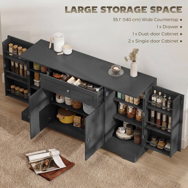 Meuble de rangement de cuisine moderne avec tiroir, étagères réglables avec supports de porte, noir