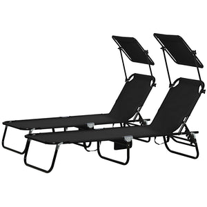 2 Piece Folding Outdoor Chaise Lounges, Pool, Sun, Tanning Chairs with Reclining Back, Sunshade for Beach, Patio, Black
