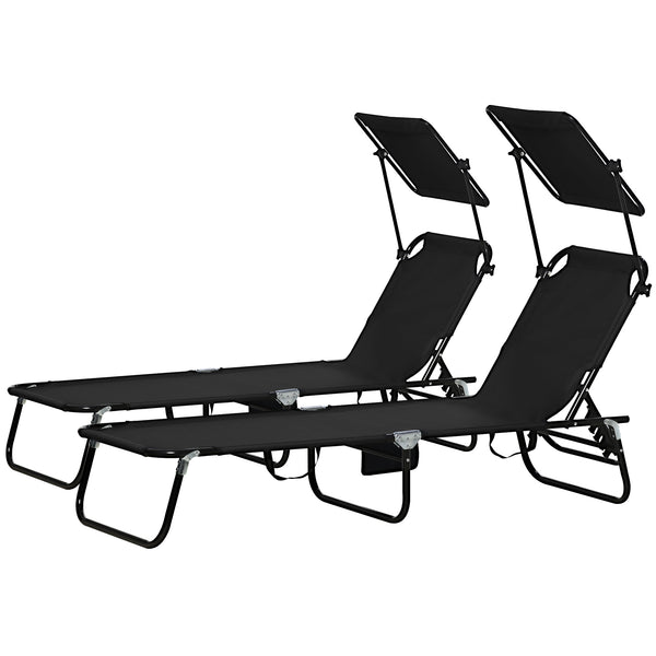 2 Piece Folding Outdoor Chaise Lounges, Pool, Sun, Tanning Chairs with Reclining Back, Sunshade for Beach, Patio, Black