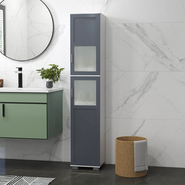 Meuble de rangement de salle de bain avec portes en verre mat et étagères à 5 niveaux, blanc et gris