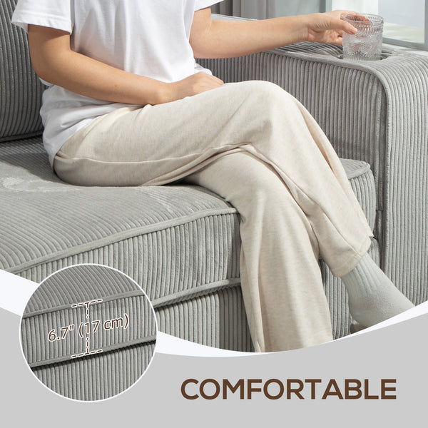 Canapé 3 places en tissu avec coussin à ressorts et porte-gobelets, gris clair