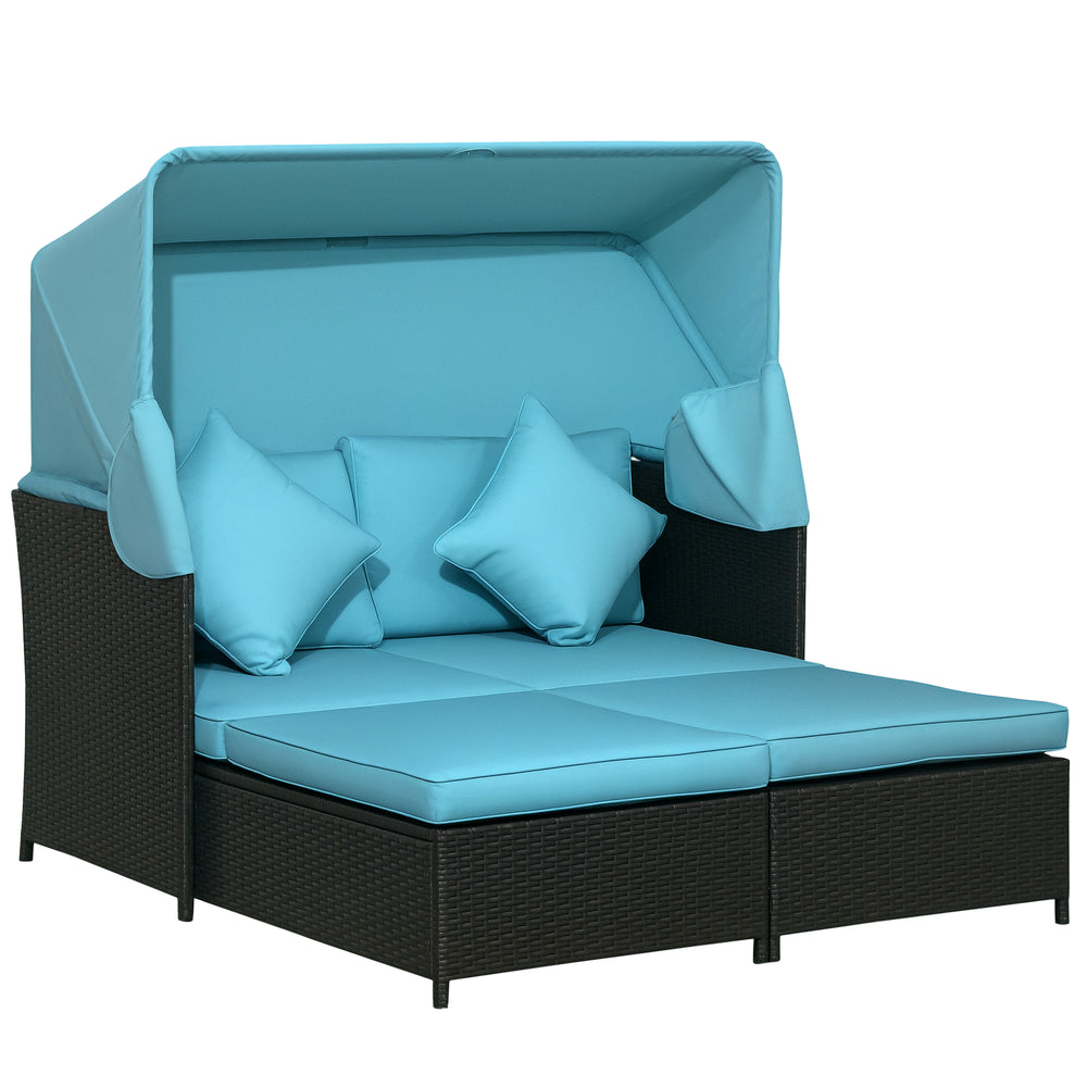 Patio Daybed, Outdoor Wicker Double Daybed, PE Rattan Sun Lounger for 2-Person with Cushions, and Foldable Awning, for Garden, Balcony, Poolside, Green