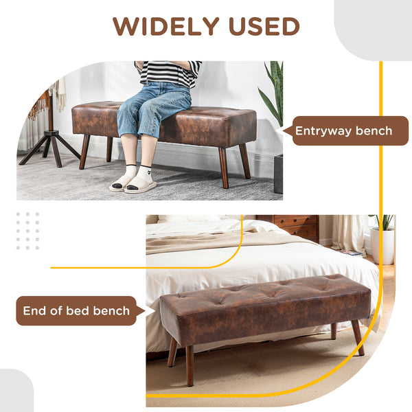 Banc de chambre avec capitonnage à boutons en similicuir avec pieds en bois, marron