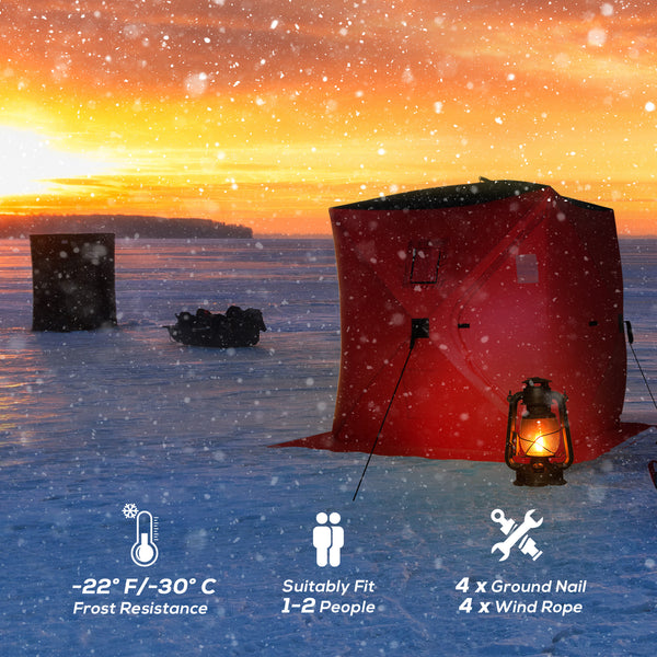 Ice fishing shelter for 2 people, foldable and with carrying bag, red.