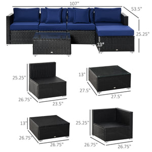 6 Pieces Outdoor PE Rattan Wicker Patio Furniture Sofa Set with Thick Cushions, Deluxe Garden Sectional Couch with Glass Top Table, Black and Dark Blue