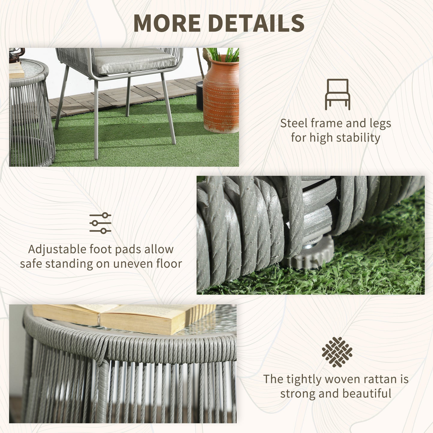Outsunny 3-Piece Outdoor Bistro Set, Wicker Rattan Furniture with Metal Legs for Garden Backyard, Light Grey
